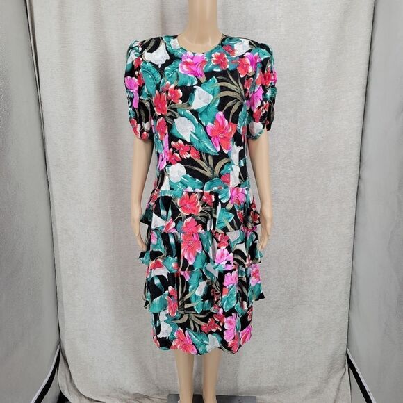 Maggy London by Jeannene Booher 80s Silk Tropical Dress Women's Plus Size 14 - Picture 2 of 14